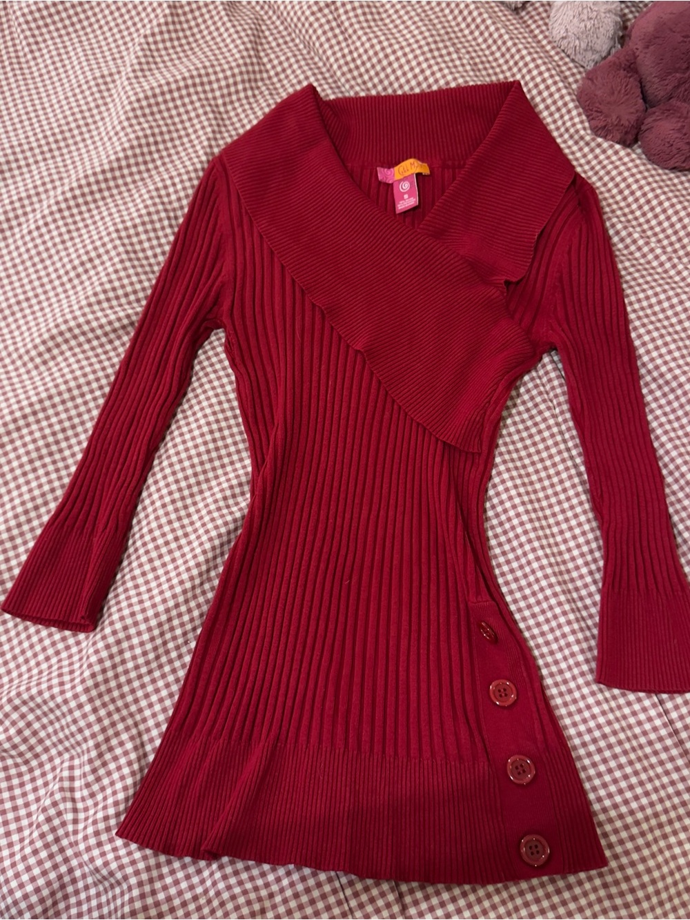 Y2K Fitted Ribbed Asymmetric Red Sweater - Picture 3 of 6